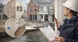 Een bouwkundige die restpunten signaleert bij een vooroplevering van een neiwubouw woning