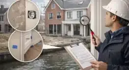 Een bouwkundige die restpunten signaleert bij een vooroplevering van een neiwubouw woning