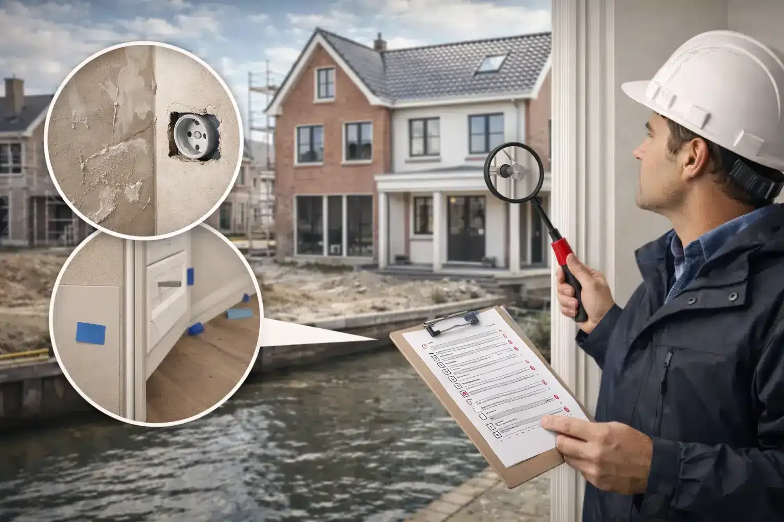 Een bouwkundige die restpunten signaleert bij een vooroplevering van een neiwubouw woning