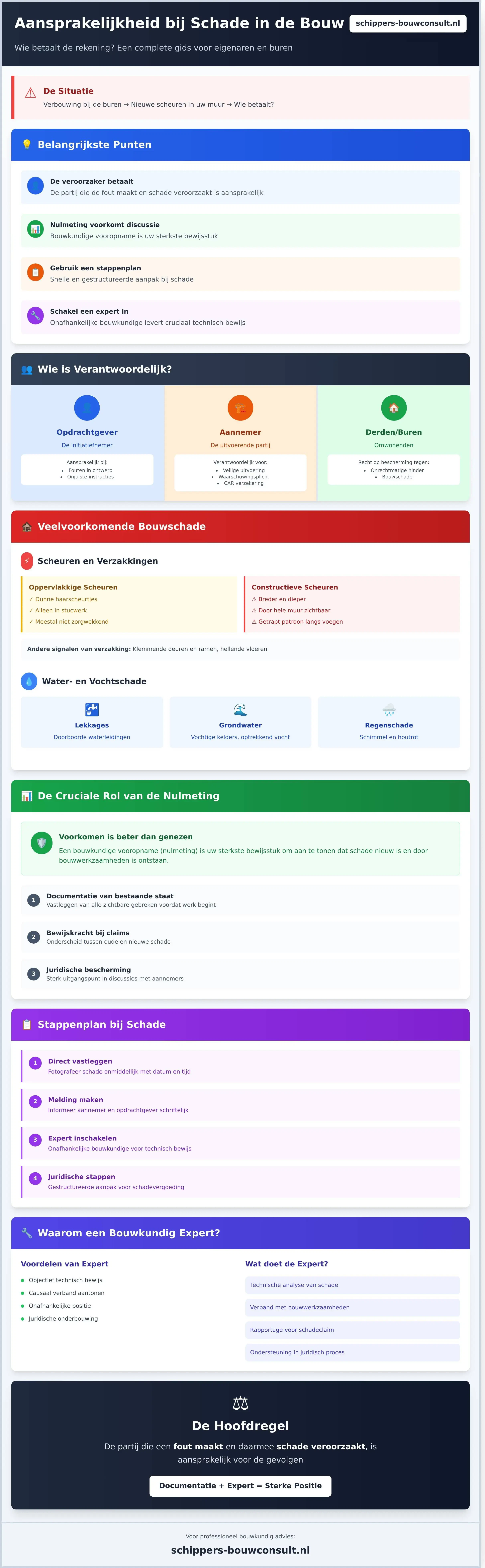 Aansprakelijkheid bij Schade in de Bouw: Wie Betaalt de Rekening? - Infographic