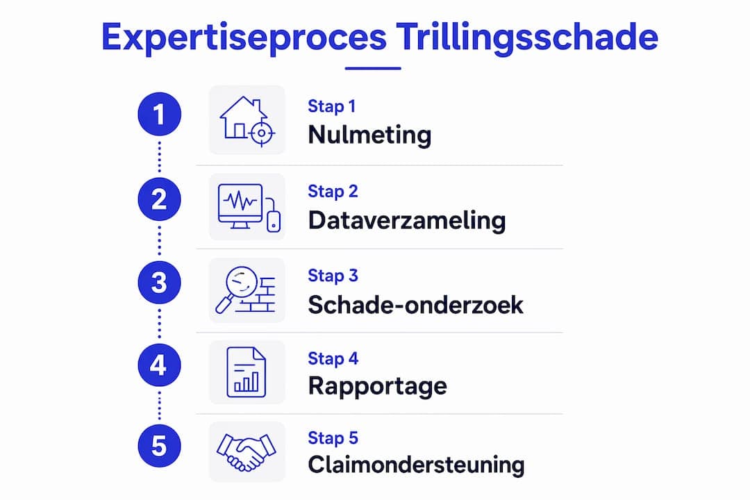 Overzichtelijke infographic: de stappen voor een deskundig trillingsschade-onderzoek