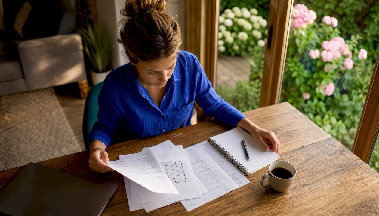 Vrouw bespreekt bouwkundige keuring onder het genot van een kopje koffie aan de keukentafel
