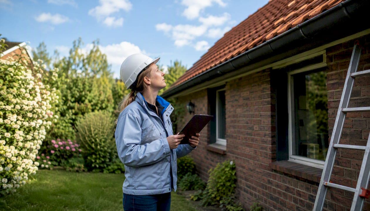 Een vrouwelijke bouwkundig expert bekijkt het dak van een woning om de staat ervan te beoordelen.