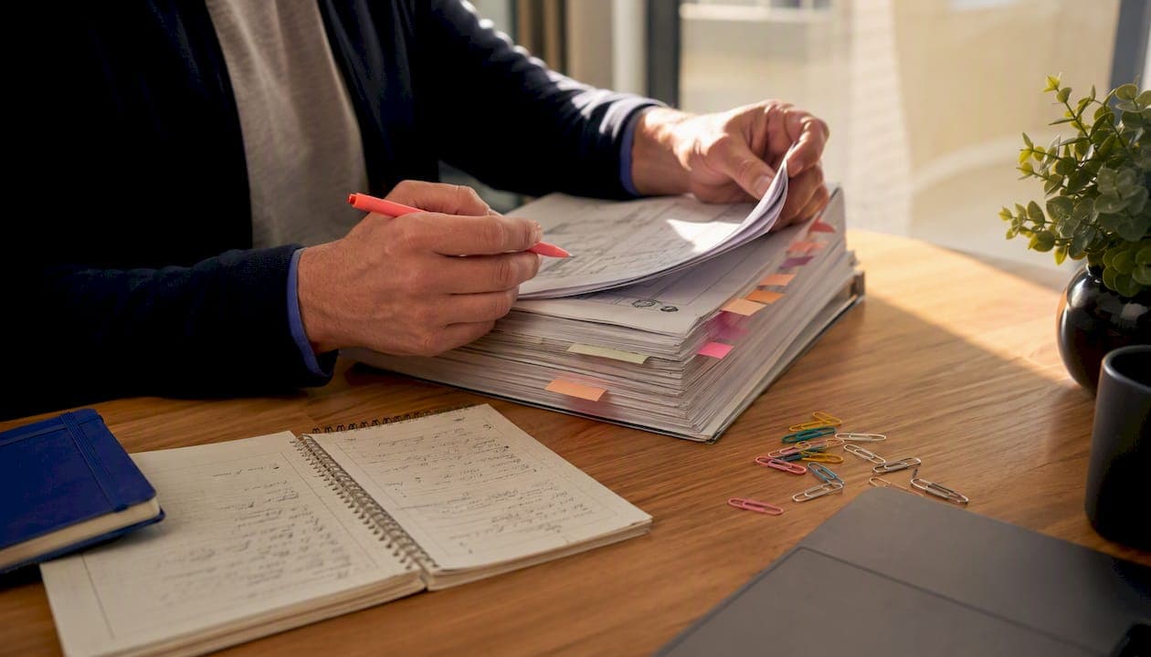 Handen sorteren en bundelen documenten voor het contra-expertisedossier