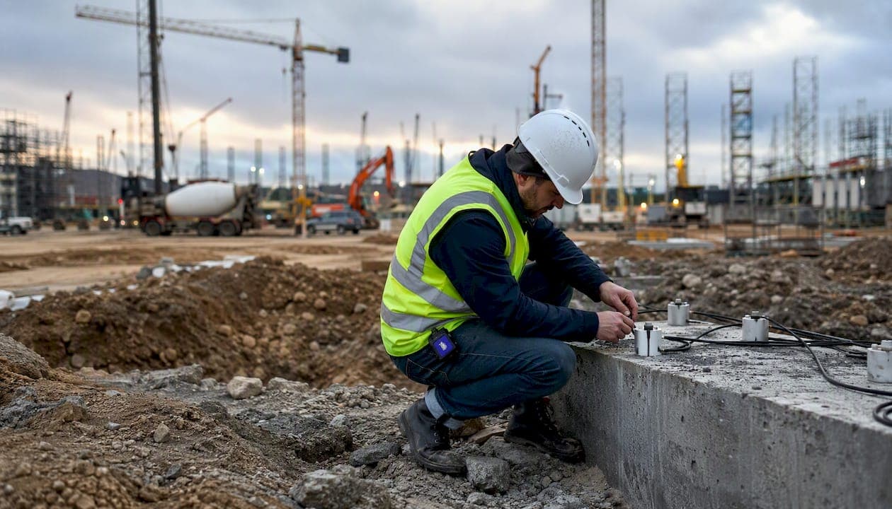 Een technicus installeert buitens huis trillingssensoren.