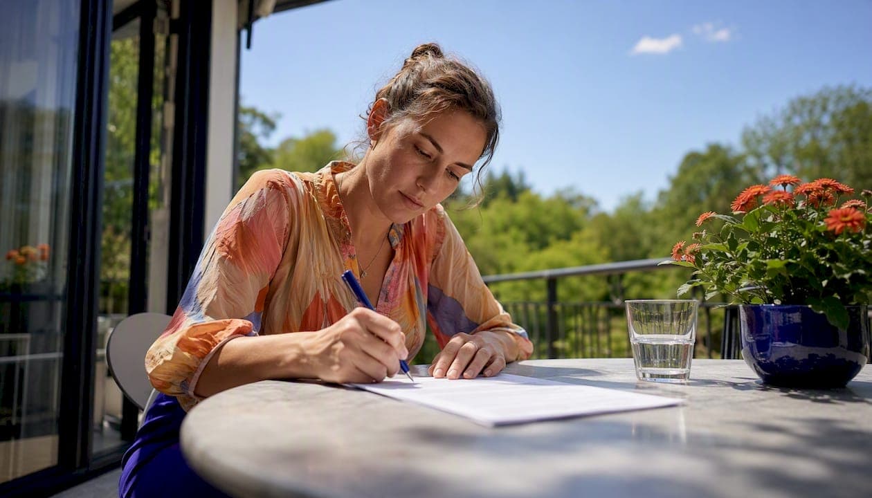 Een vrouw zit aan de keukentafel en vult een schadeformulier in na de storm.