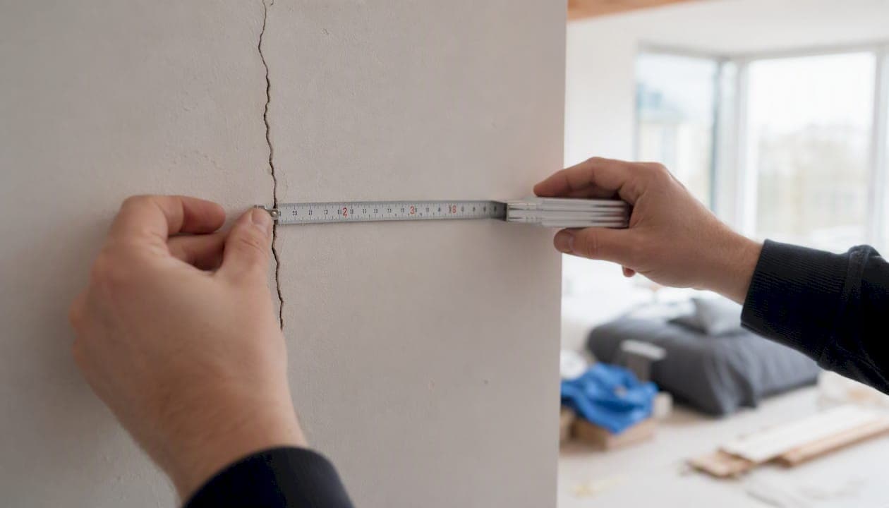 Een bouwkundig expert brengt schade aan een pand nauwkeurig in kaart met behulp van een meetlint.