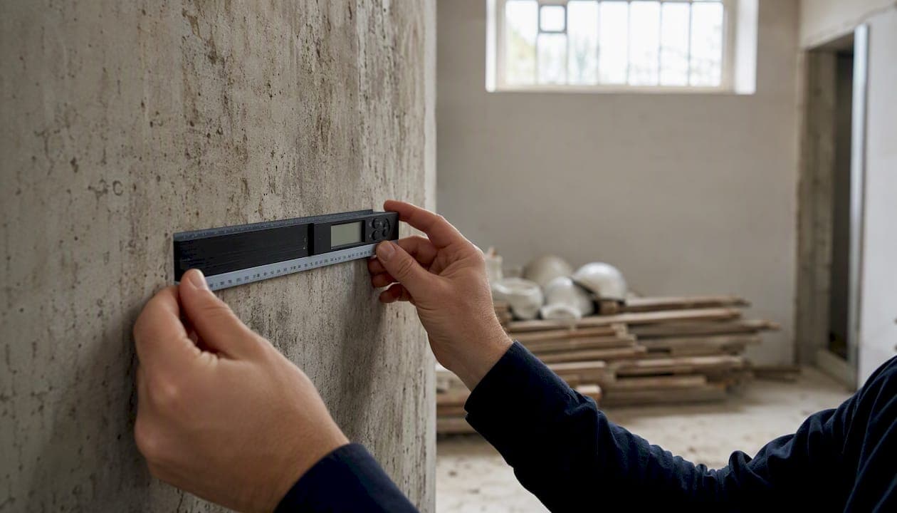 Met de handen wordt nauwkeurig gekeken naar de schade aan de muur.