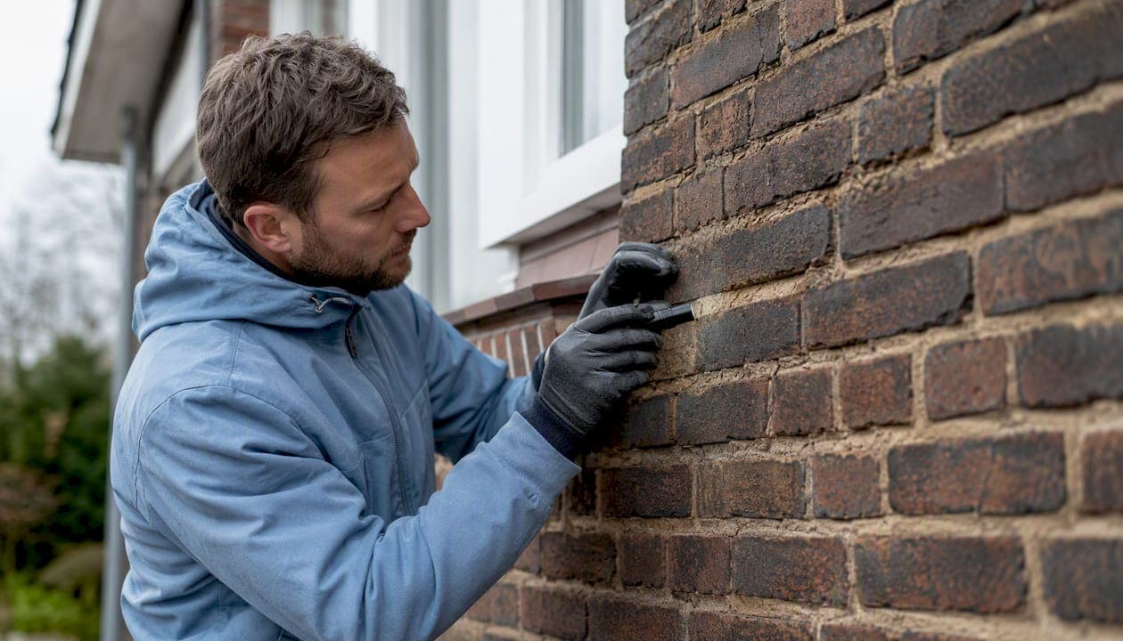 Twee handen inspecteren de scheuren in een oude bakstenen gevel.