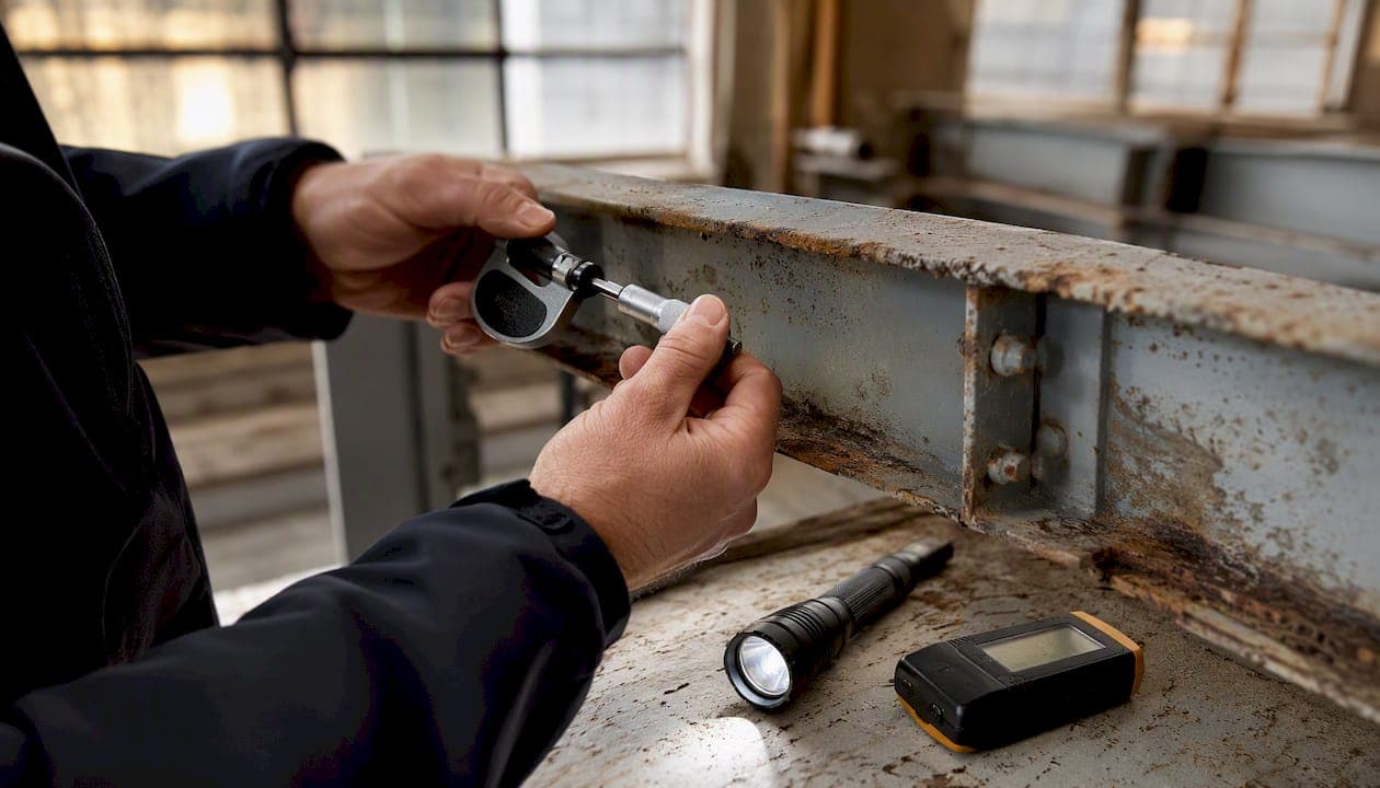 Een inspecteur bekijkt de schade aan een onderdeel van het gebouw.