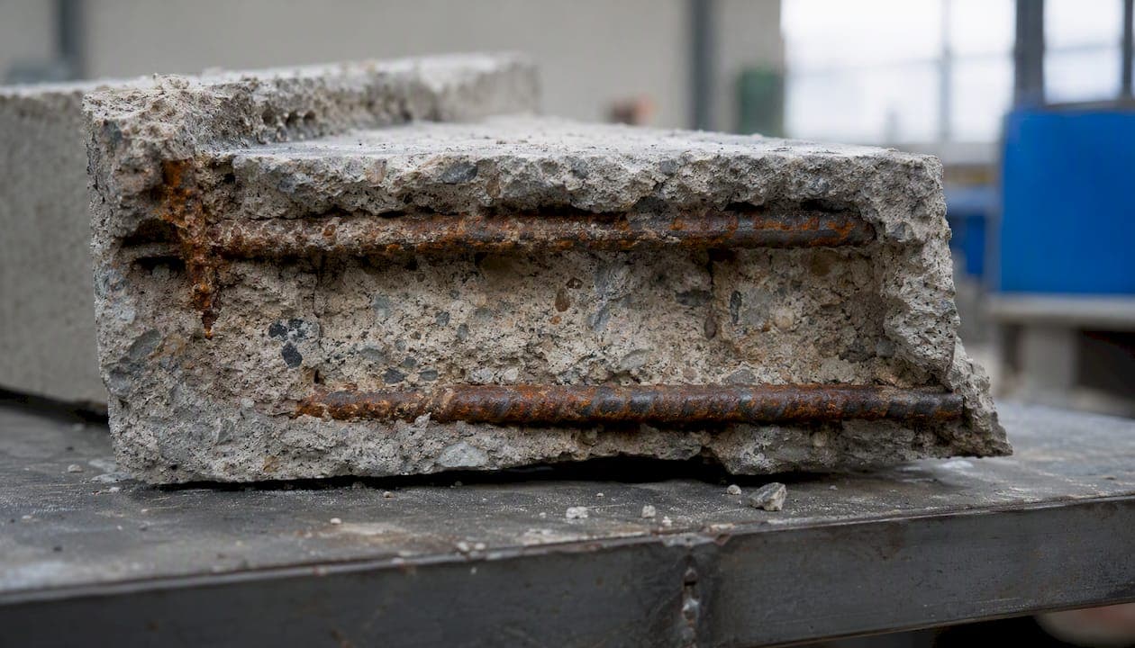 Doorsnede van een betonnen vloerplaat waarbij het roestige staal zichtbaar is.