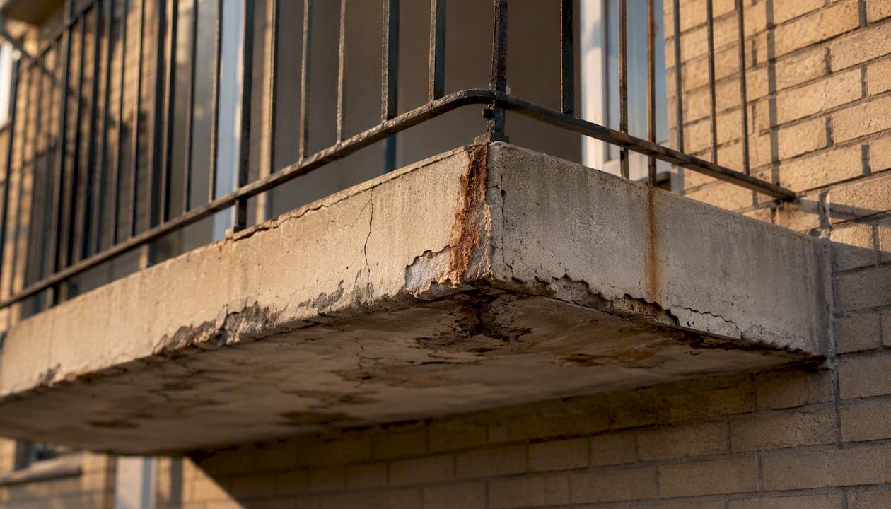 Hoek van het balkon met scheuren in het beton en roestplekken.