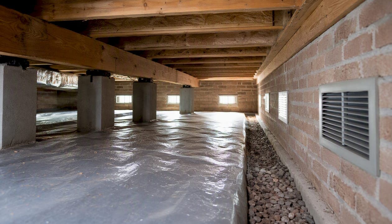 Een kruipruimte die goed is voorzien van ventilatie, isolatie en een degelijke afwatering.