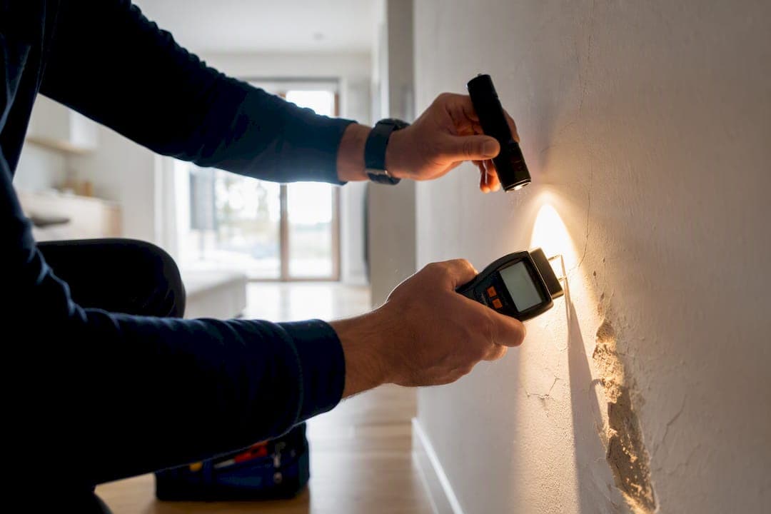 Iemand meet met een vochtmeter het vochtgehalte in een gescheurde muur.
