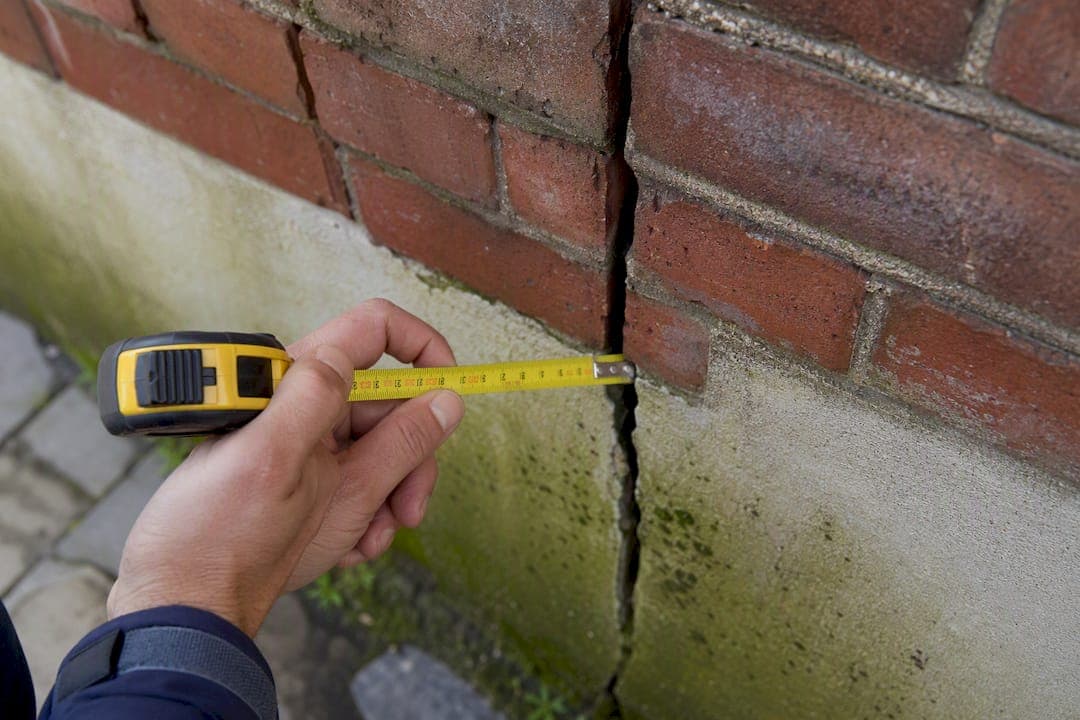 Close-up van het meten van een scheur in een gevelmuur