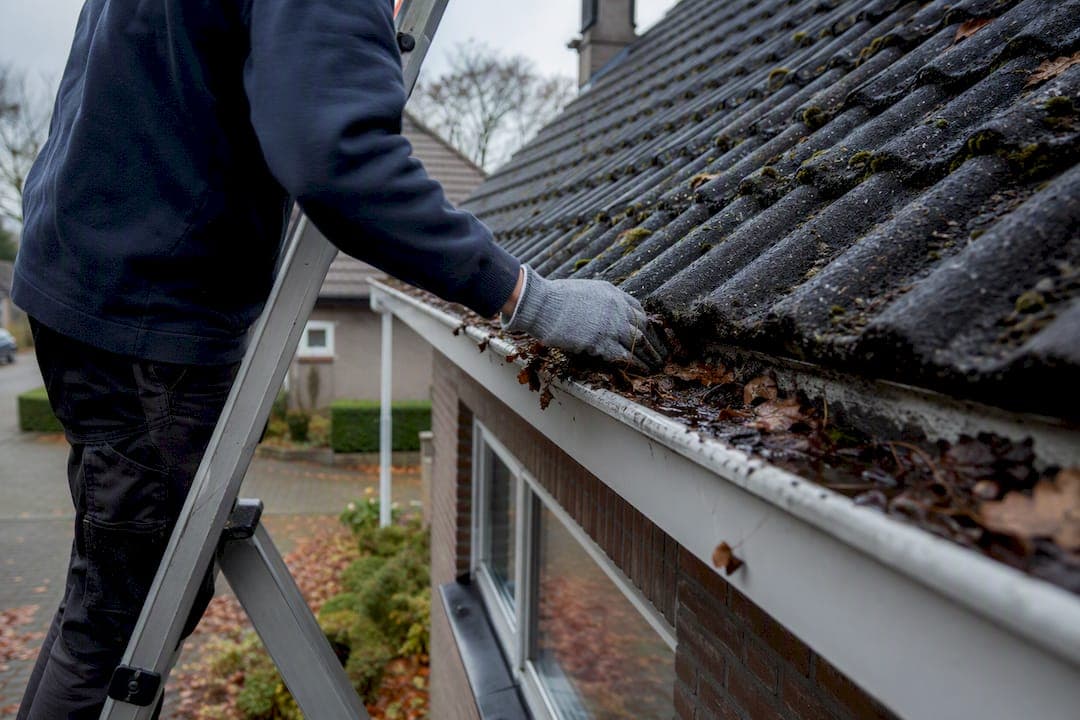 Reiniging van de dakgoot na de storm