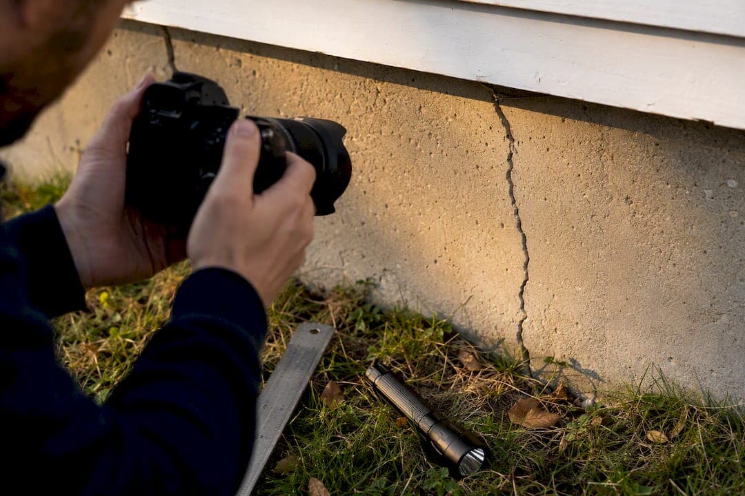 Inspecteur maakt foto van scheur in de fundering binnen