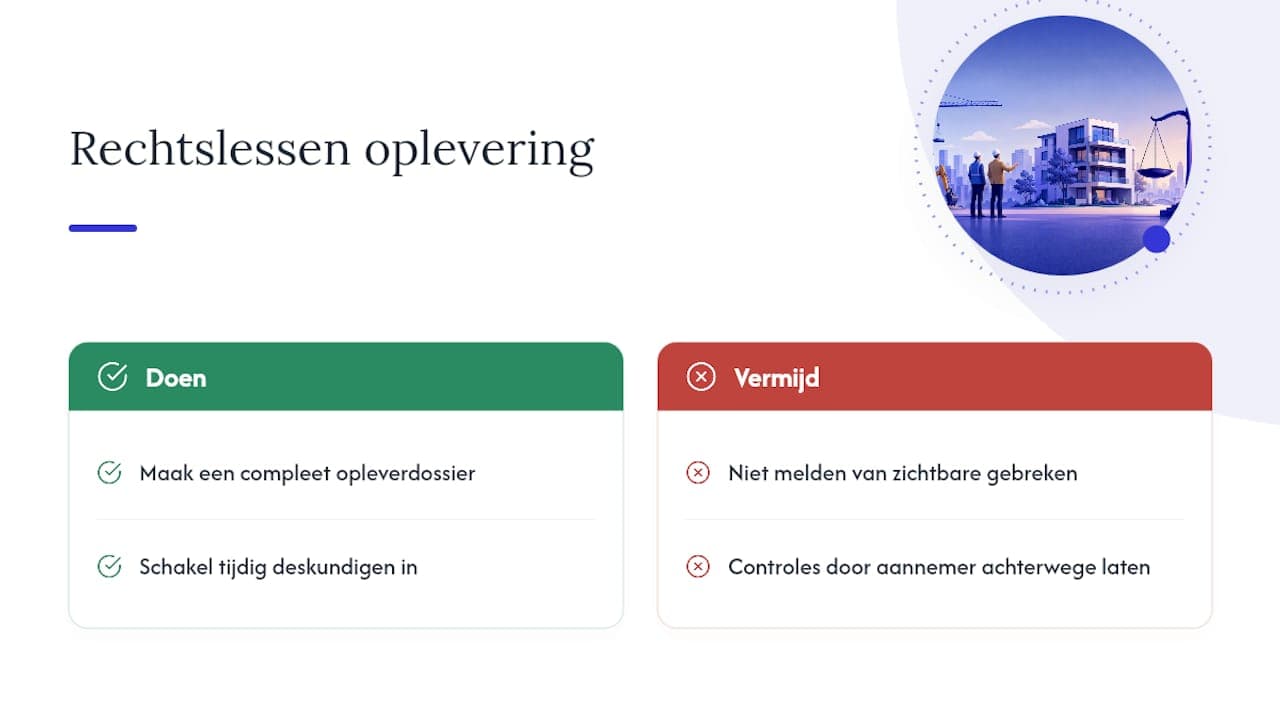 Wat rechtspraak leert over oplevering en aansprakelijkheid — overview diagram