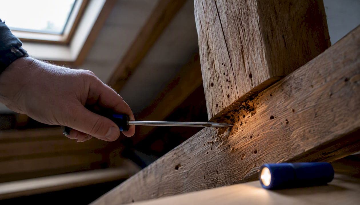 Schroevendraaier test zacht hout in een balk